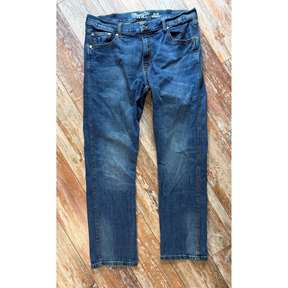 Wrangler Retro Mens Jeans 38x32 Slim Straight Stretch Blue Denim Western Cowboy